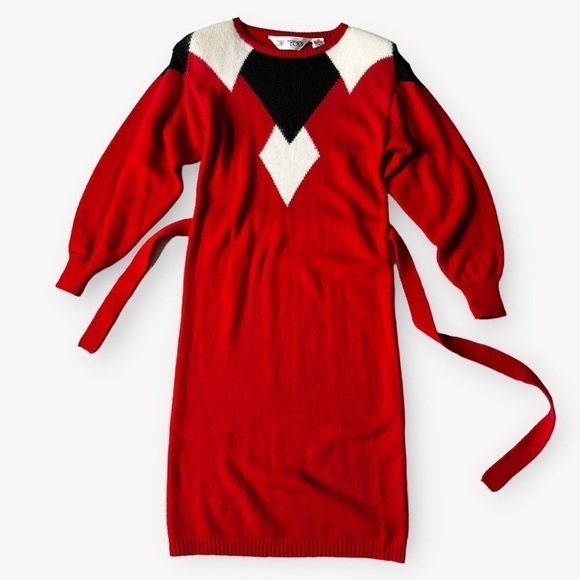 Vintage 80s Red Knit Sweater Dress Geometric Colorblock Mod XS - Picture 5 of 13